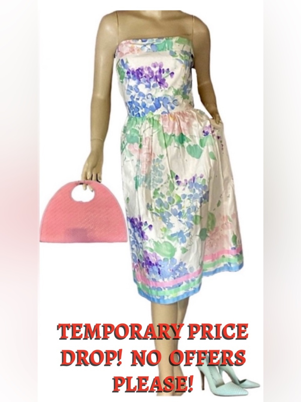 VINTAGE 1980'S BLAIR WOOLVERTON STRAPLESS PASTEL FLORAL PRINT TEA DRESS (12)